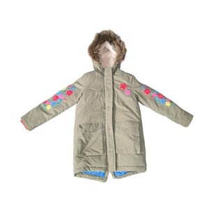 Mini Boden Floral Embroidered Hooded Coat Sherpa Lined Fur Trim Size 8-9 Y